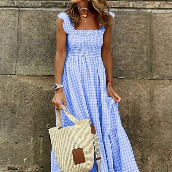 Dresses & Skirts - Multicolor Boho Women's Elegant Vacation Plaid Dress With Ruffled Straps